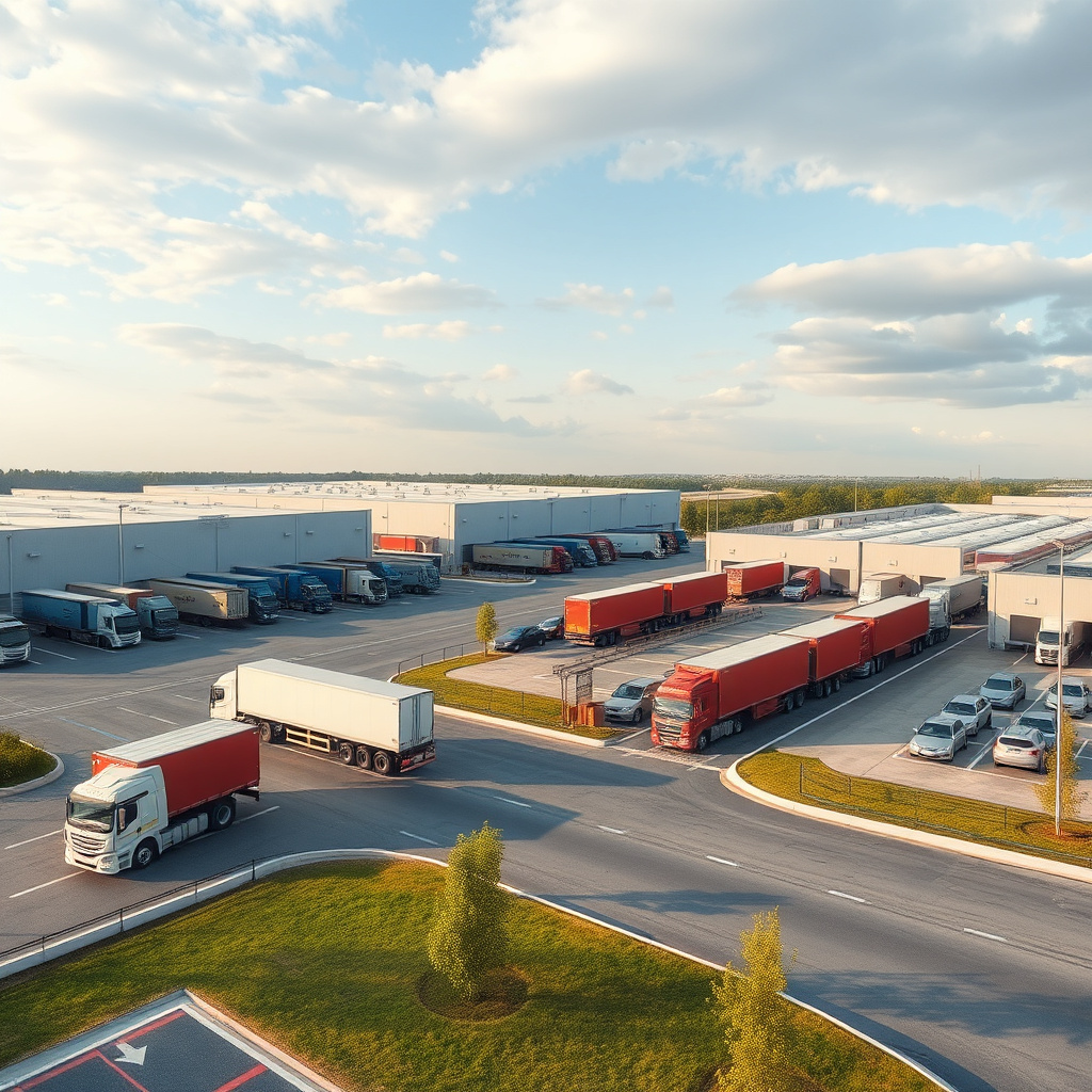 Modern logistics park with warehouses and trucks